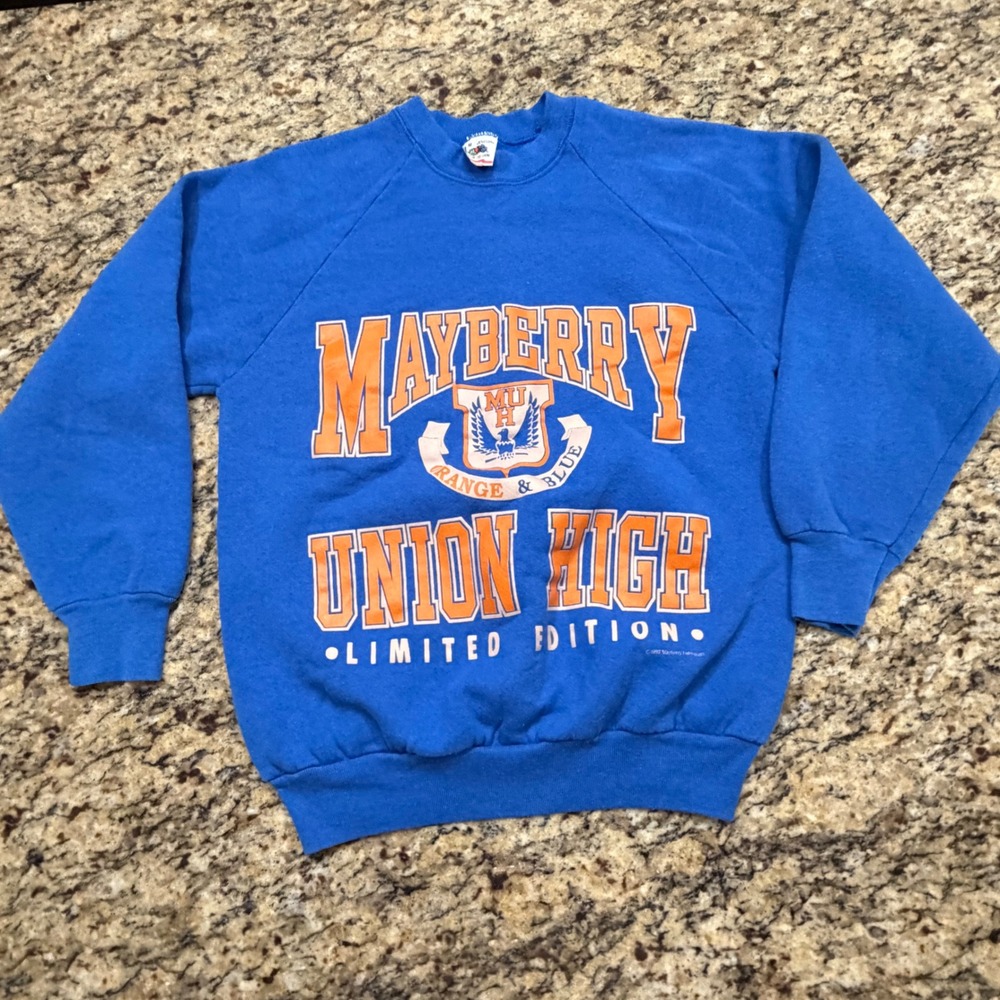 Vintage 1992 Mayberry Union High Sweatshirt Fruit of the Loom Blue Mens‎ Medium